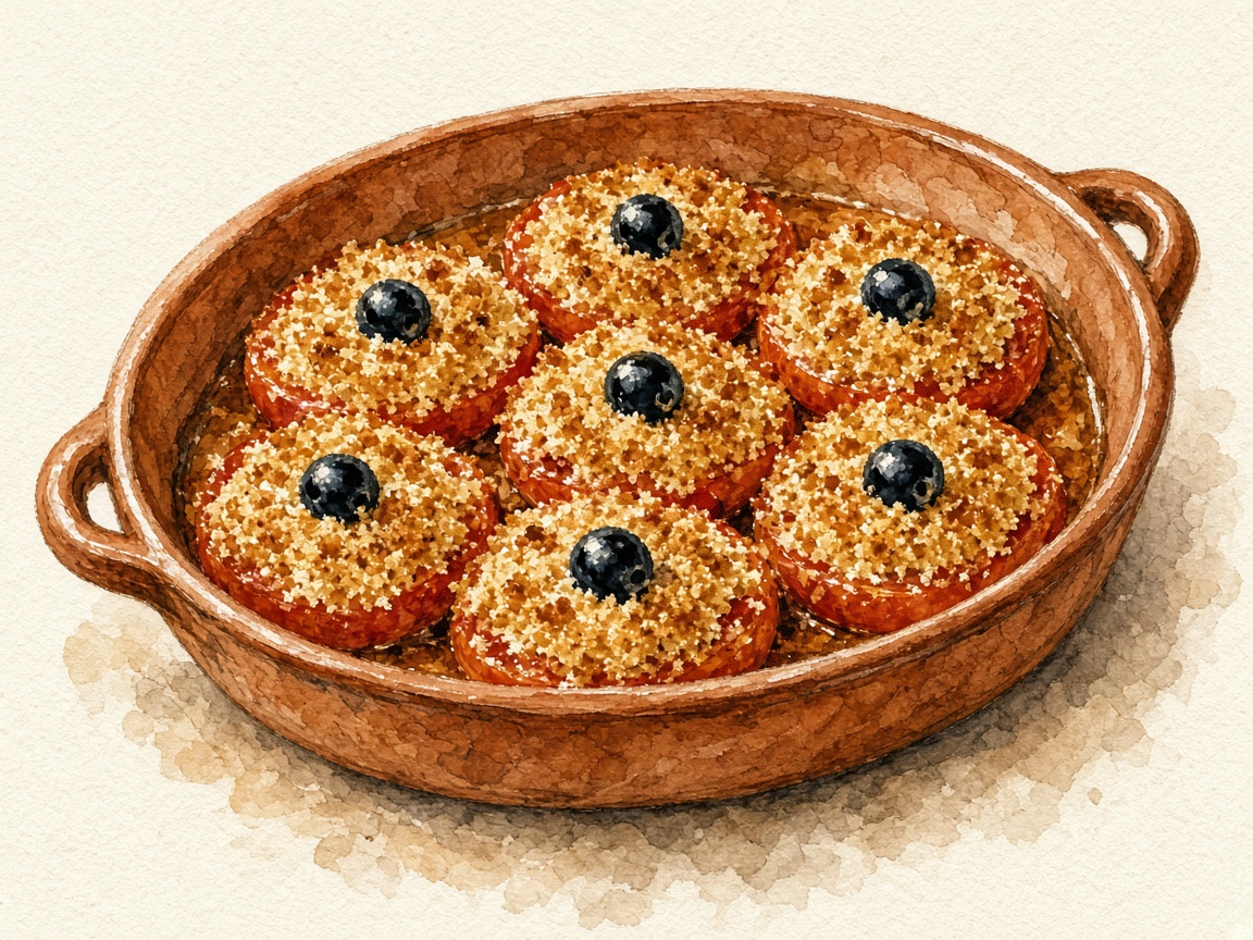Ilustración (dibujo en acuarela, no es una foto) de medios tomates gratinados con pan rallado dorado y una aceituna negra encima, en una fuente de barro